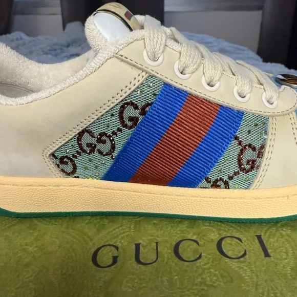 Gucci Crystal Embellished Cream and Blue Sneakers - Picture 5 of 11
